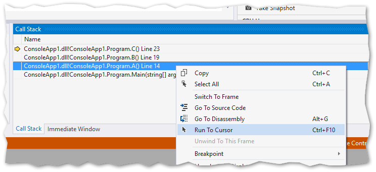 Run To Cursor in Call Stack window