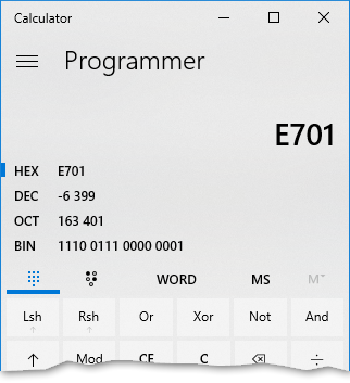 WORD value in calculator